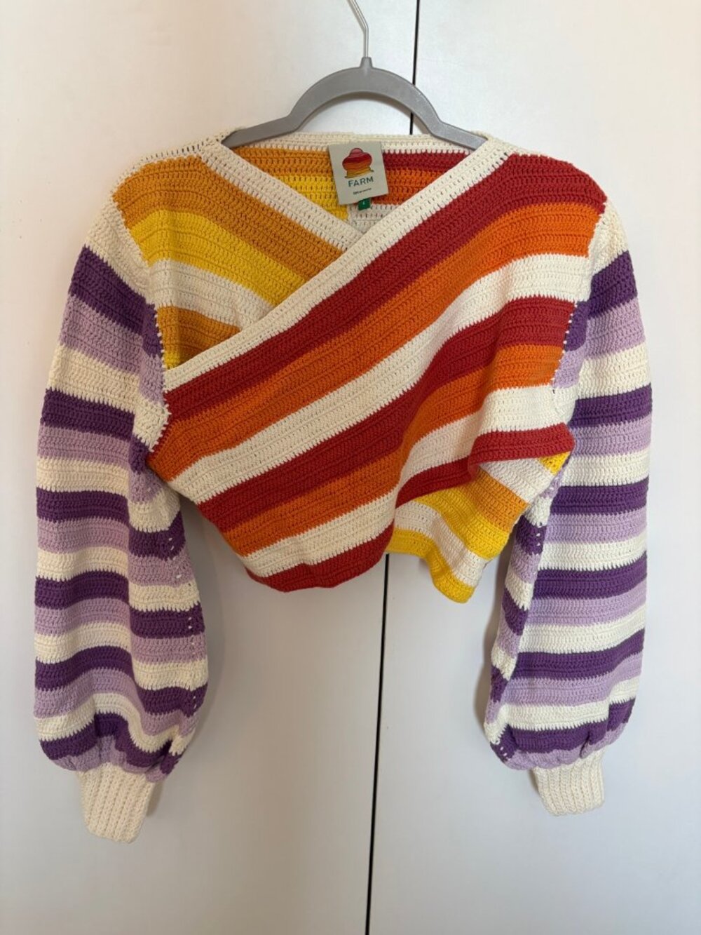 FARM Rio Sunset Stripes Crochet Sweater L Cropped Wrap NWOT